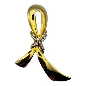 Gold-Tone Awareness Ribbon Brooch with Clear‎ Rhinestones, 2.5” Pin